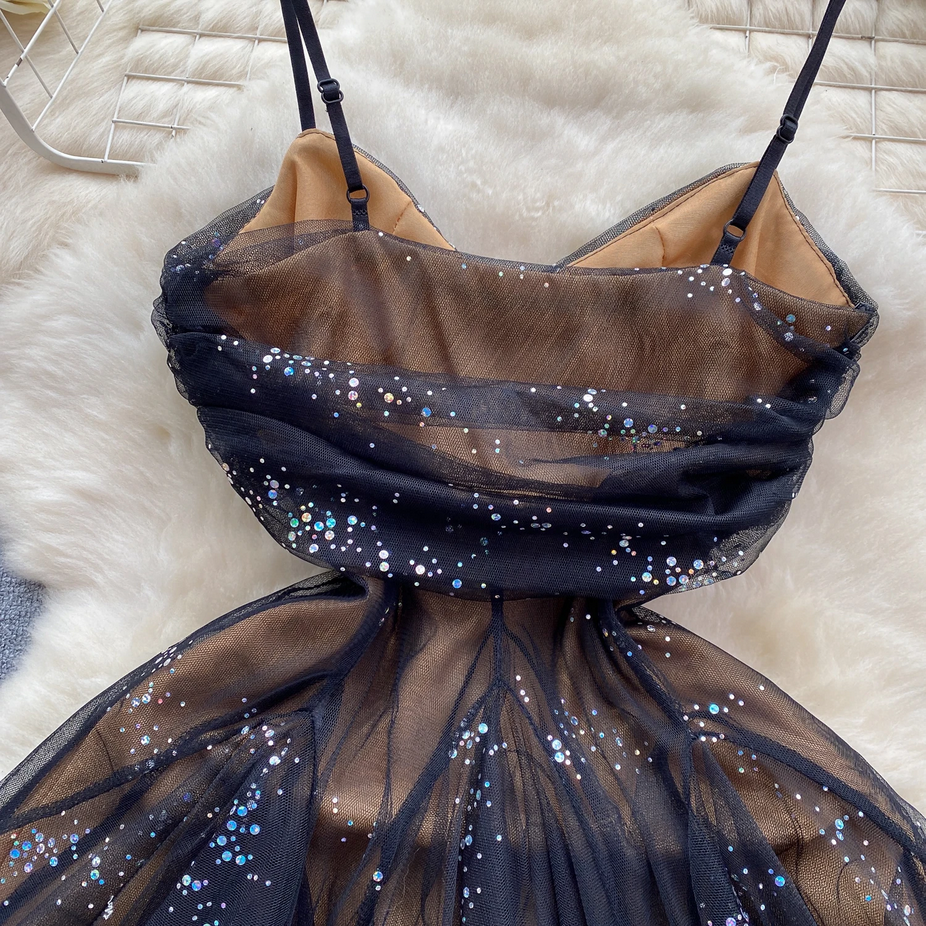 Chic Spaghetti Strap Glitter French Party Dress