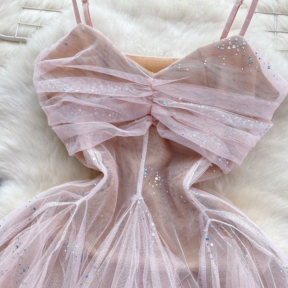 Chic Spaghetti Strap Glitter French Party Dress
