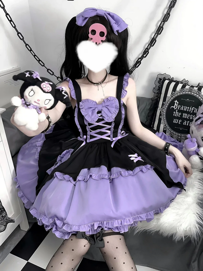 Kawaii Girl Purple and Pink Ruffled Dress with Bow