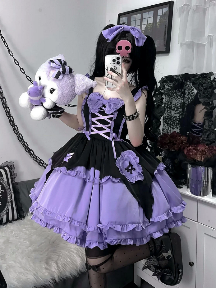 Kawaii Girl Purple and Pink Ruffled Dress with Bow