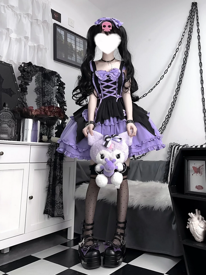Kawaii Girl Purple and Pink Ruffled Dress with Bow