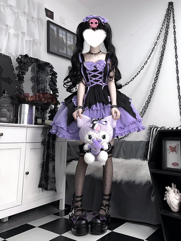 Kawaii Girl Purple and Pink Ruffled Dress with Bow