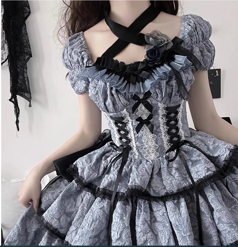 Elegant Flower Ruffles Lace Gothic Dress