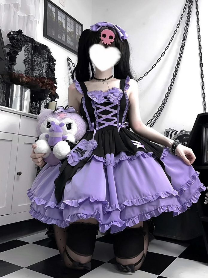 Kawaii Girl Purple and Pink Ruffled Dress with Bow