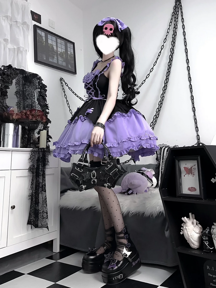 Kawaii Girl Purple and Pink Ruffled Dress with Bow