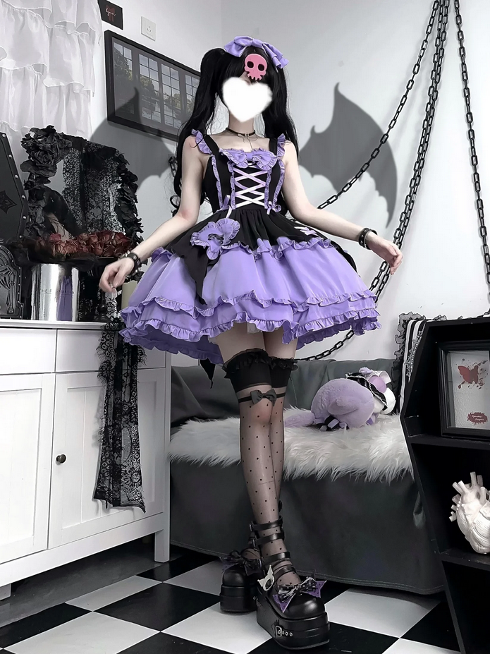 Kawaii Girl Purple and Pink Ruffled Dress with Bow