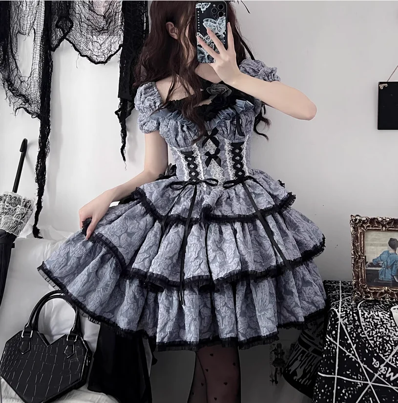 Elegant Flower Ruffles Lace Gothic Dress