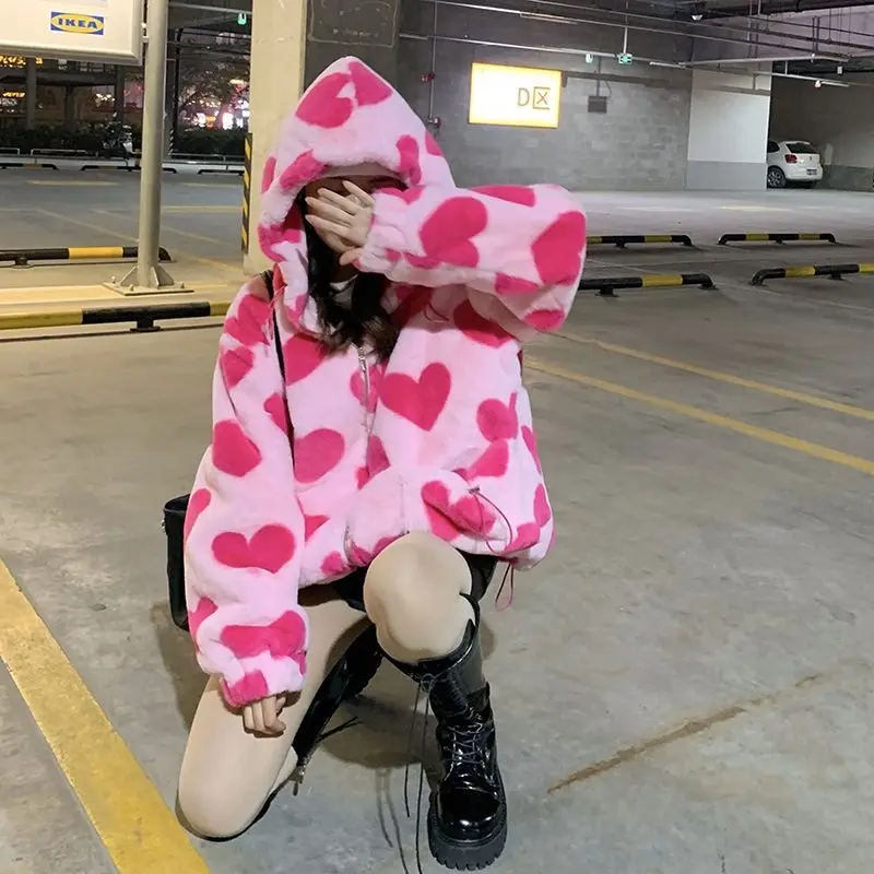 Kawaii Pink Hearts Plush jacket Hoodie