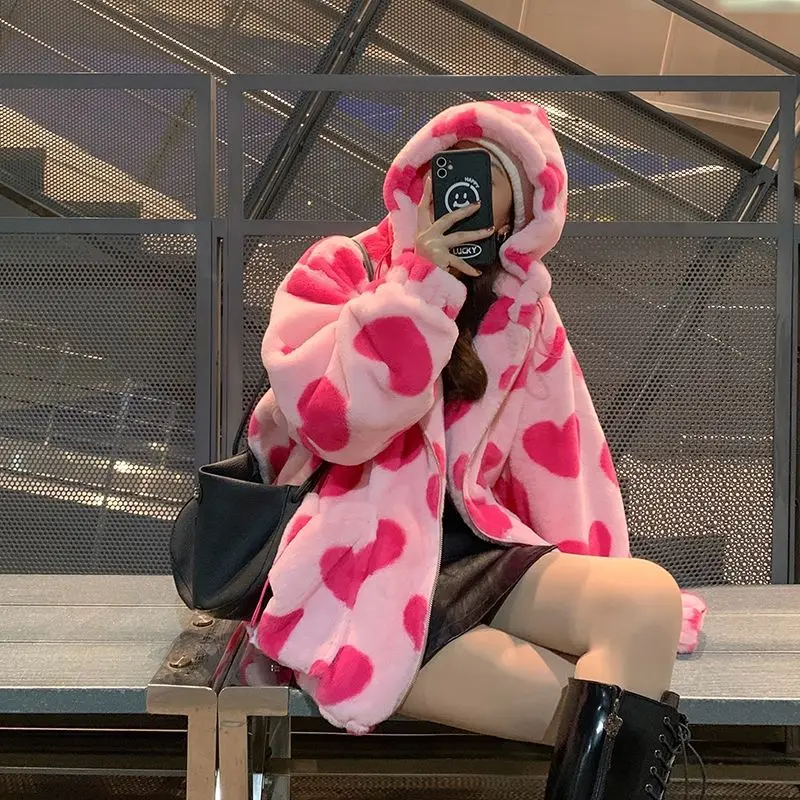 Kawaii Pink Hearts Plush jacket Hoodie