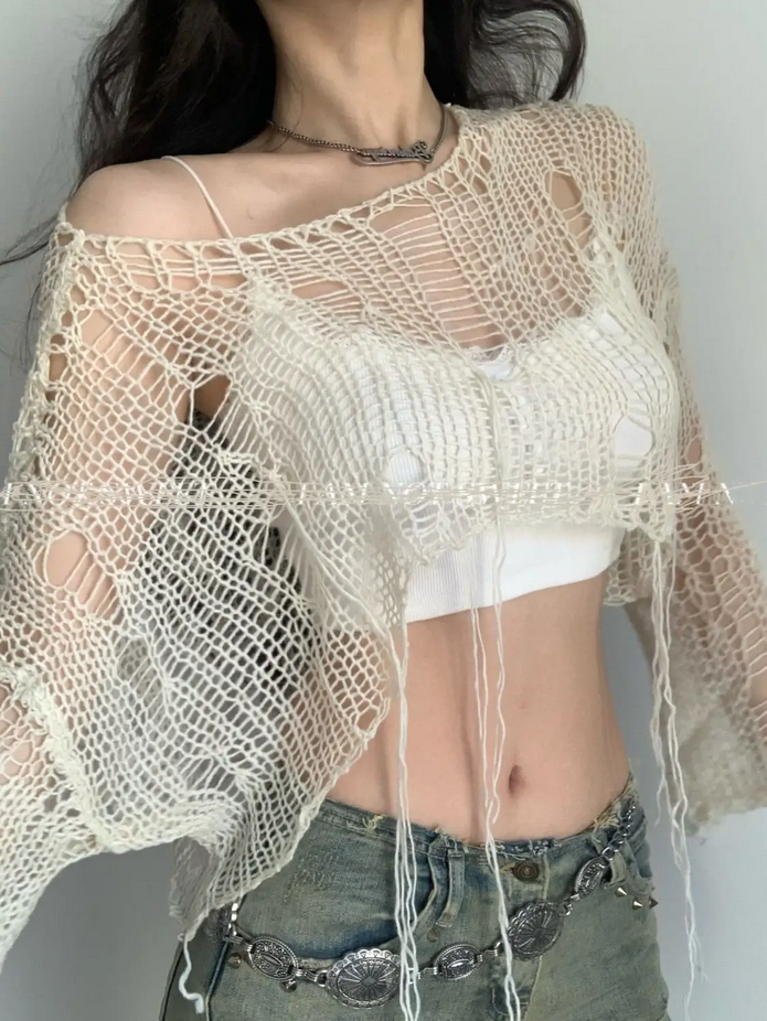 Y2K Women&#39;s Knit Tshirt Hollow Out Crop Top