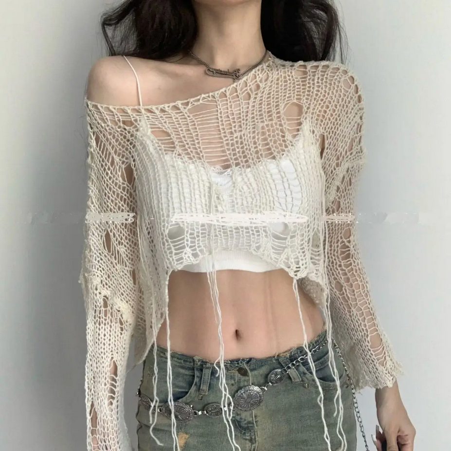 Y2K Women&#39;s Knit Tshirt Hollow Out Crop Top