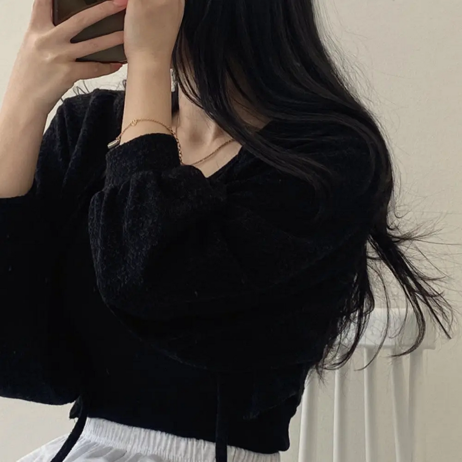 Lantern Sleeve  Lace Up White Cardigan V Neck Knitwear