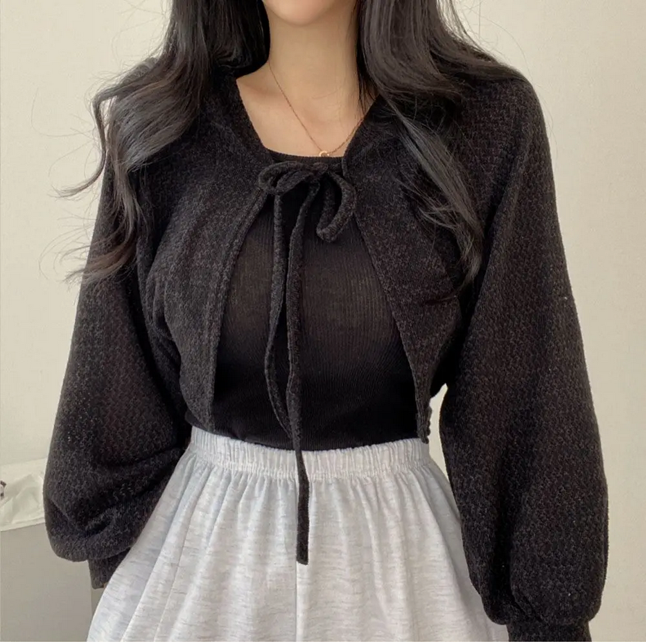 Lantern Sleeve  Lace Up White Cardigan V Neck Knitwear