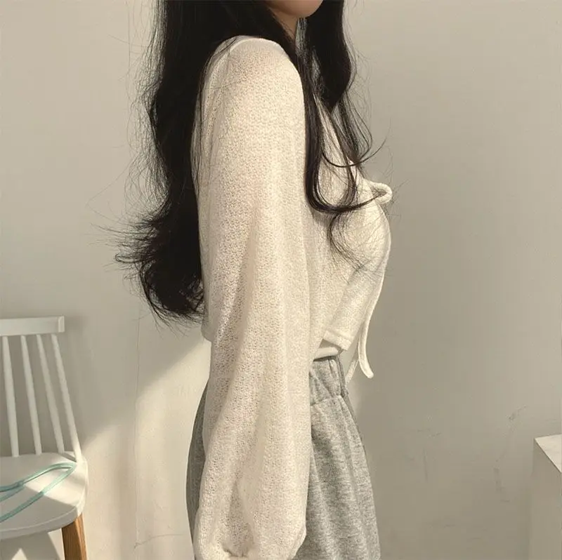 Lantern Sleeve  Lace Up White Cardigan V Neck Knitwear