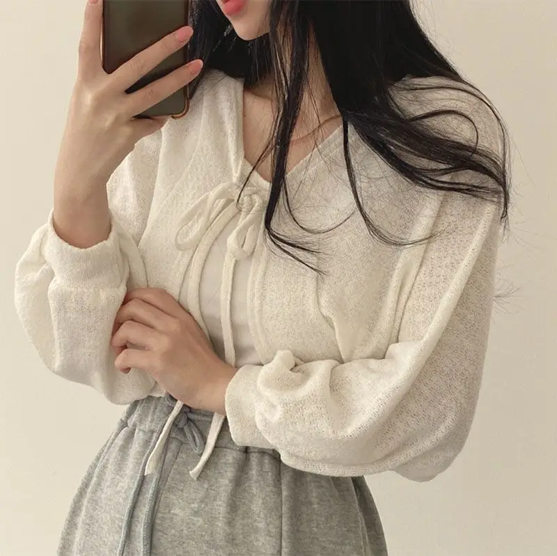 Lantern Sleeve  Lace Up White Cardigan V Neck Knitwear