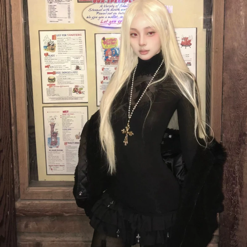 Y2k Black Gothic Cross Women  Turtleneck Long Sleeve Top