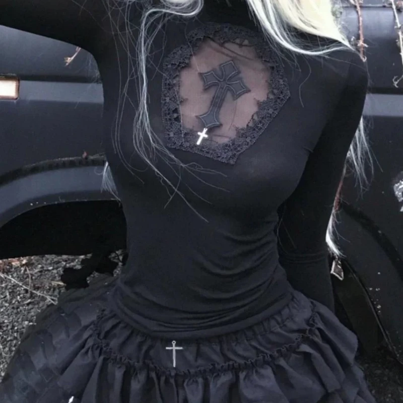 Y2k Black Gothic Cross Women  Turtleneck Long Sleeve Top