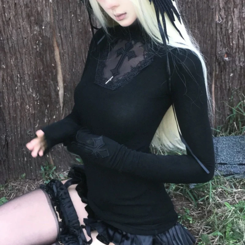 Y2k Black Gothic Cross Women  Turtleneck Long Sleeve Top