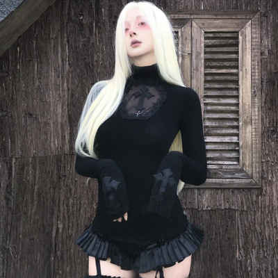 Y2k Black Gothic Cross Women  Turtleneck Long Sleeve Top