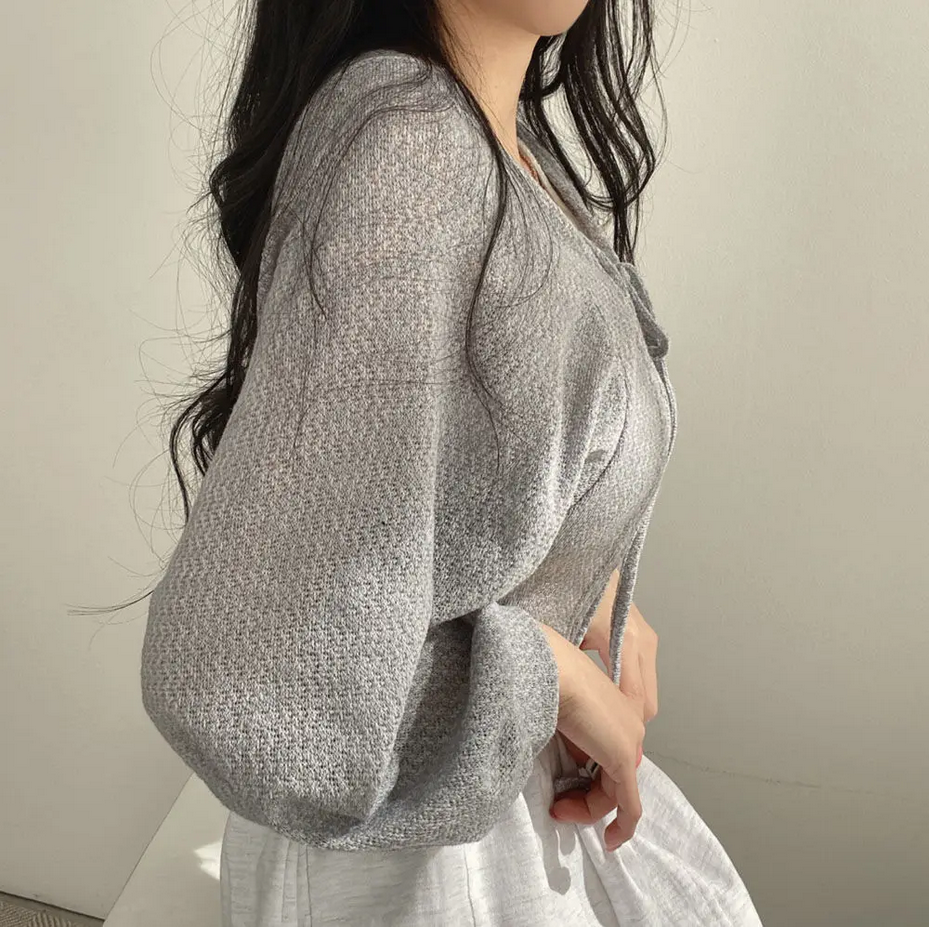 Lantern Sleeve  Lace Up White Cardigan V Neck Knitwear