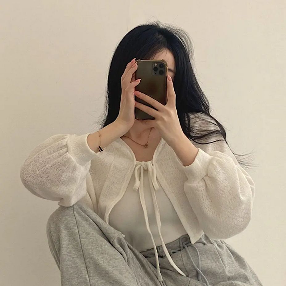 Lantern Sleeve  Lace Up White Cardigan V Neck Knitwear