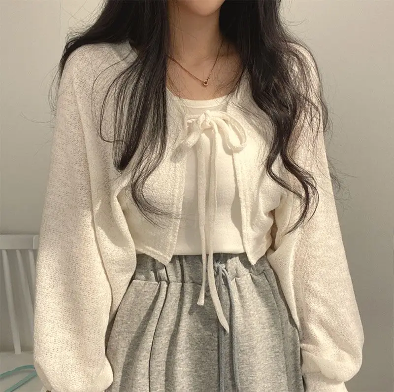 Lantern Sleeve  Lace Up White Cardigan V Neck Knitwear