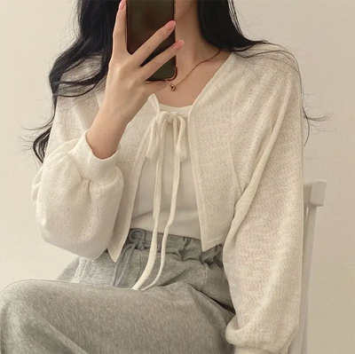 Lantern Sleeve  Lace Up White Cardigan V Neck Knitwear