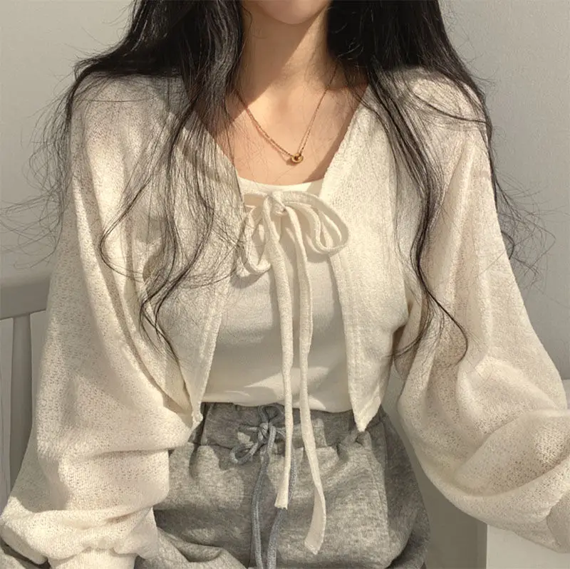 Lantern Sleeve  Lace Up White Cardigan V Neck Knitwear