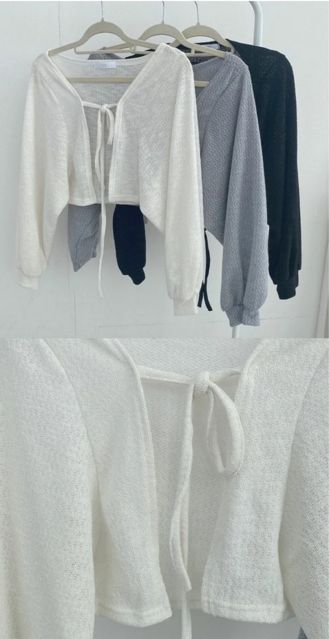 Lantern Sleeve  Lace Up White Cardigan V Neck Knitwear