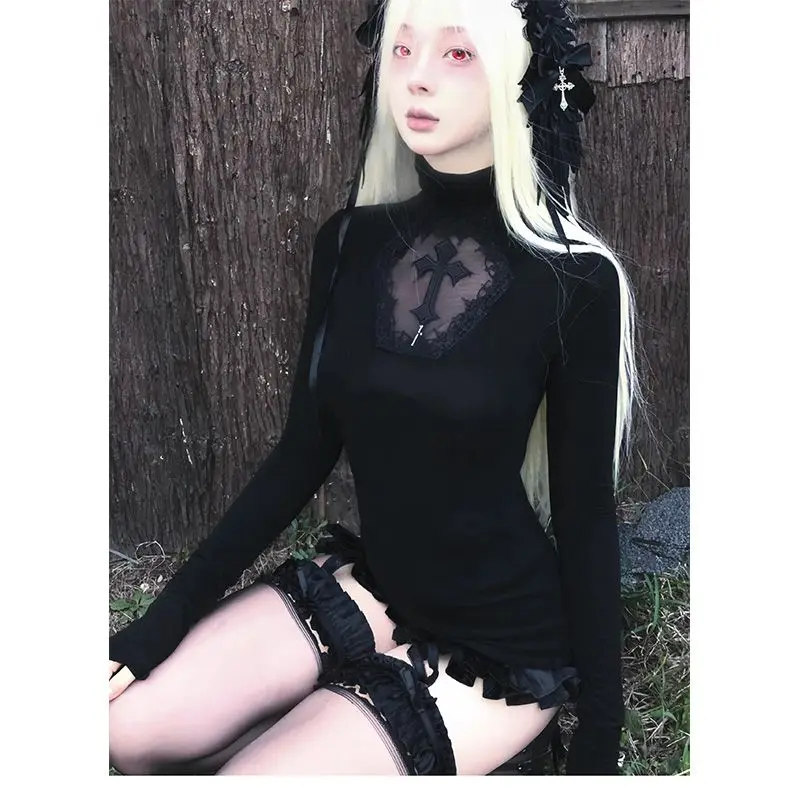Y2k Black Gothic Cross Women  Turtleneck Long Sleeve Top