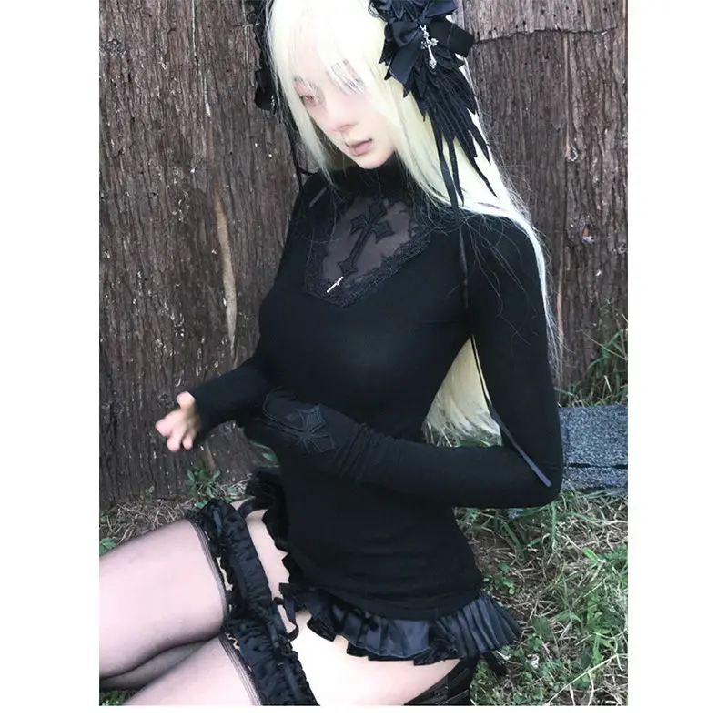 Y2k Black Gothic Cross Women  Turtleneck Long Sleeve Top