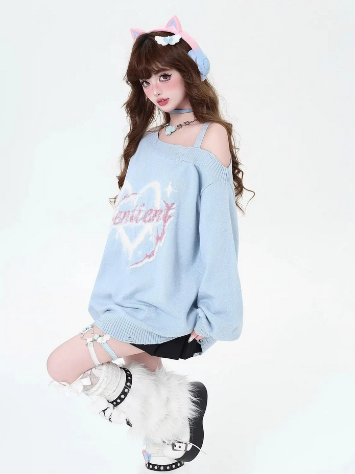 Japanese Kawaii  Off Shoulder Loose Casual Knitted Pullover Women Top