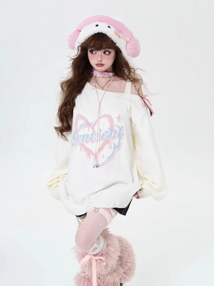 Japanese Kawaii  Off Shoulder Loose Casual Knitted Pullover Women Top