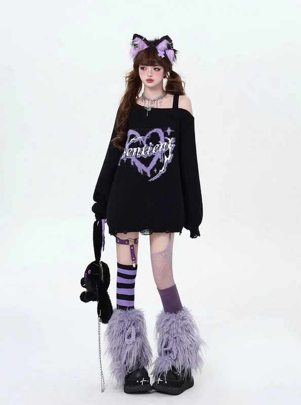 Japanese Kawaii  Off Shoulder Loose Casual Knitted Pullover Women Top