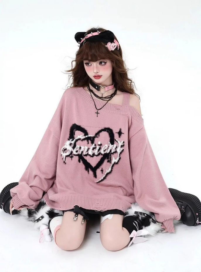 Japanese Kawaii  Off Shoulder Loose Casual Knitted Pullover Women Top
