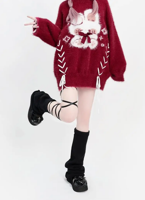 Red Lace Up Sweaters Women Y2k