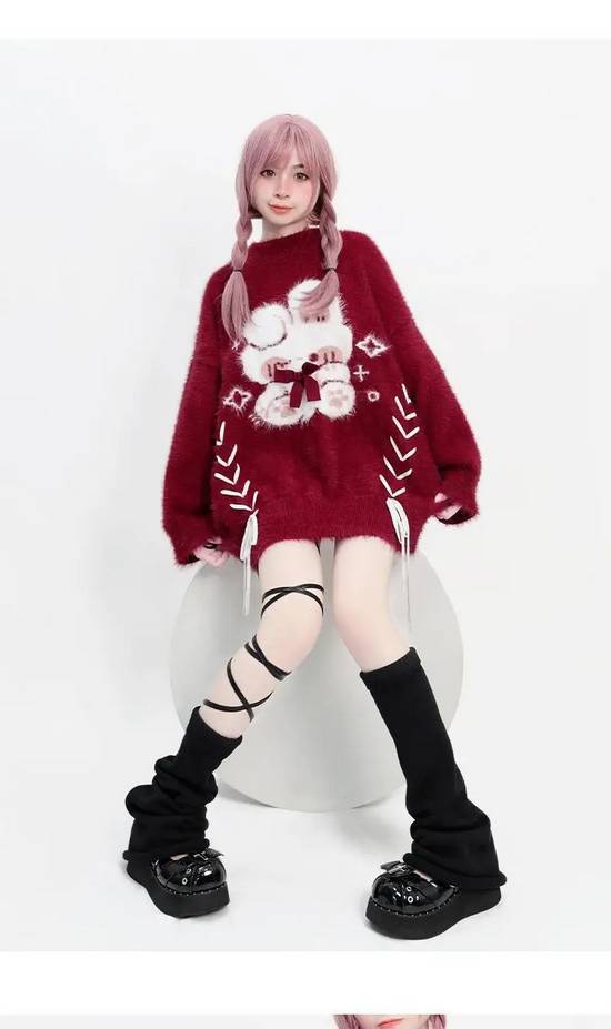 Red Lace Up Sweaters Women Y2k