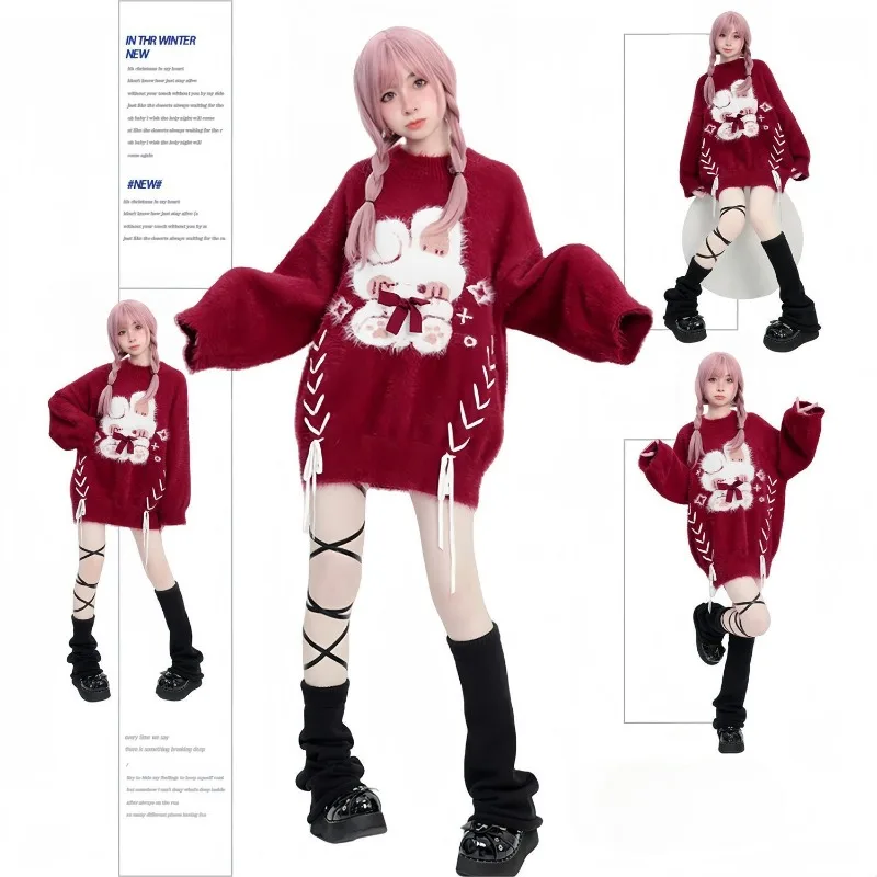 Red Lace Up Sweaters Women Y2k