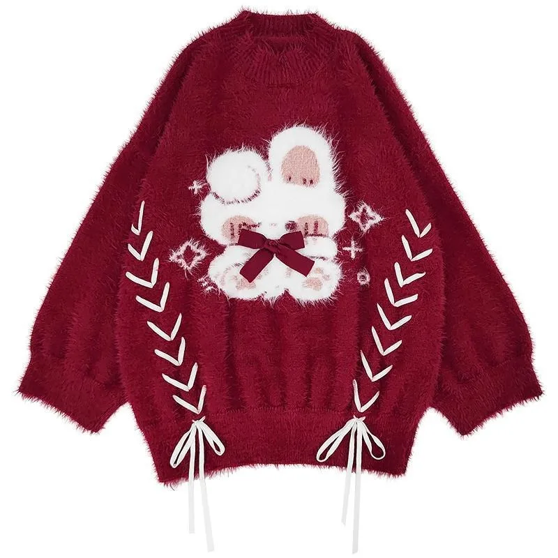 Red Lace Up Sweaters Women Y2k