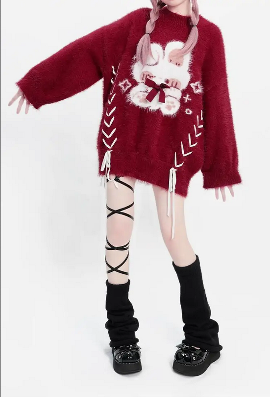 Red Lace Up Sweaters Women Y2k