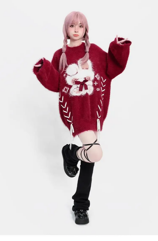 Red Lace Up Sweaters Women Y2k