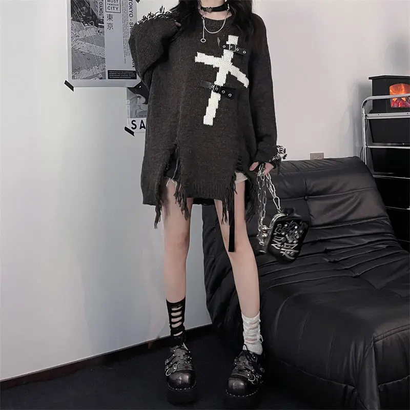 Y2k Gothic Black  Oversized Sweater