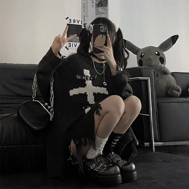 Y2k Gothic Black  Oversized Sweater