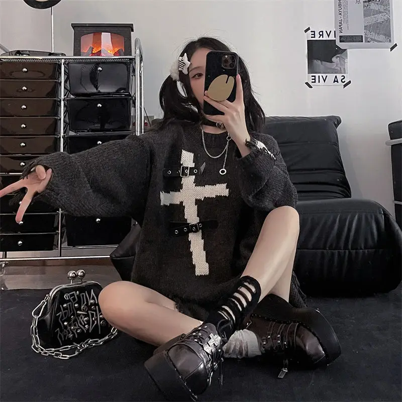 Y2k Gothic Black  Oversized Sweater