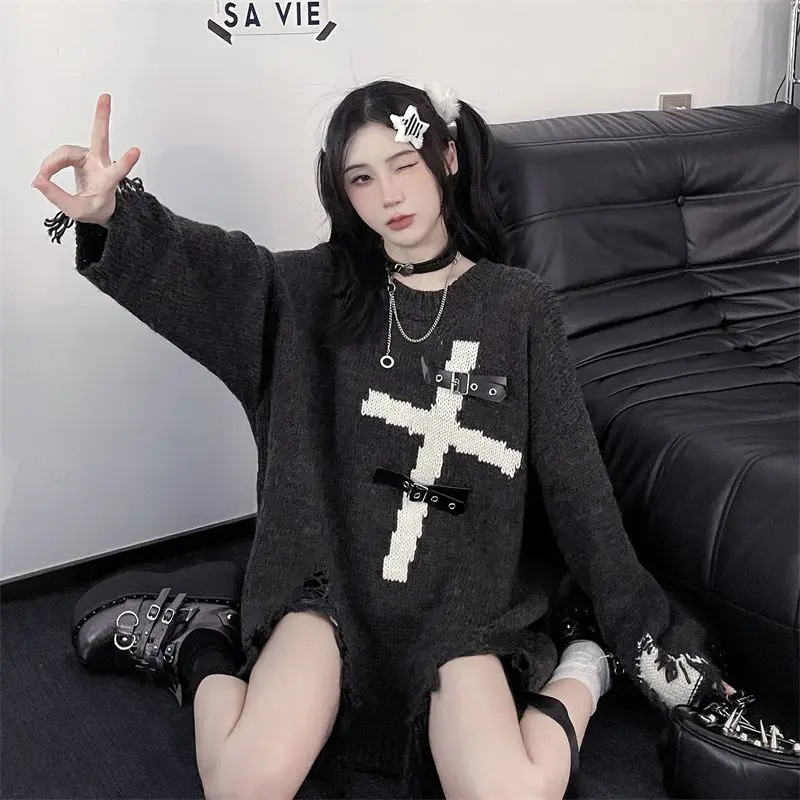 Y2k Gothic Black  Oversized Sweater