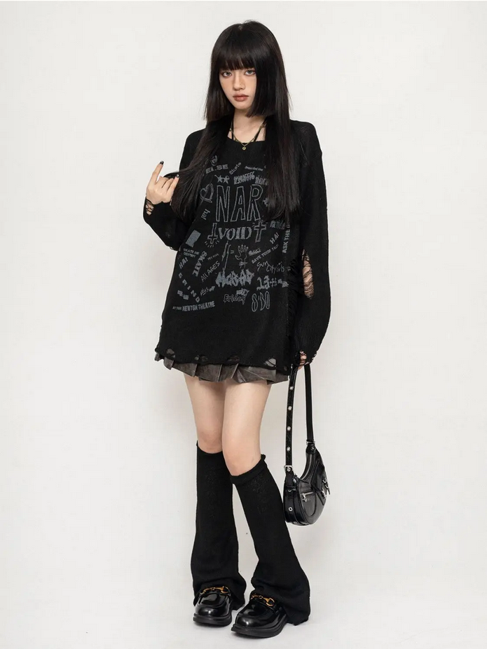 Loose Gyaru Harajuku Gothic Black and White Pullover Sweater