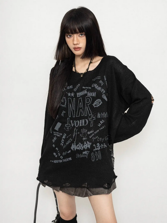 Loose Gyaru Harajuku Gothic Black and White Pullover Sweater