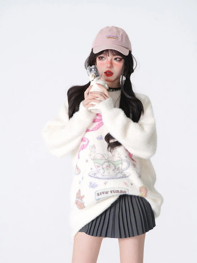 Rabbit Printed Knitted Pullover Kawaii Sweater