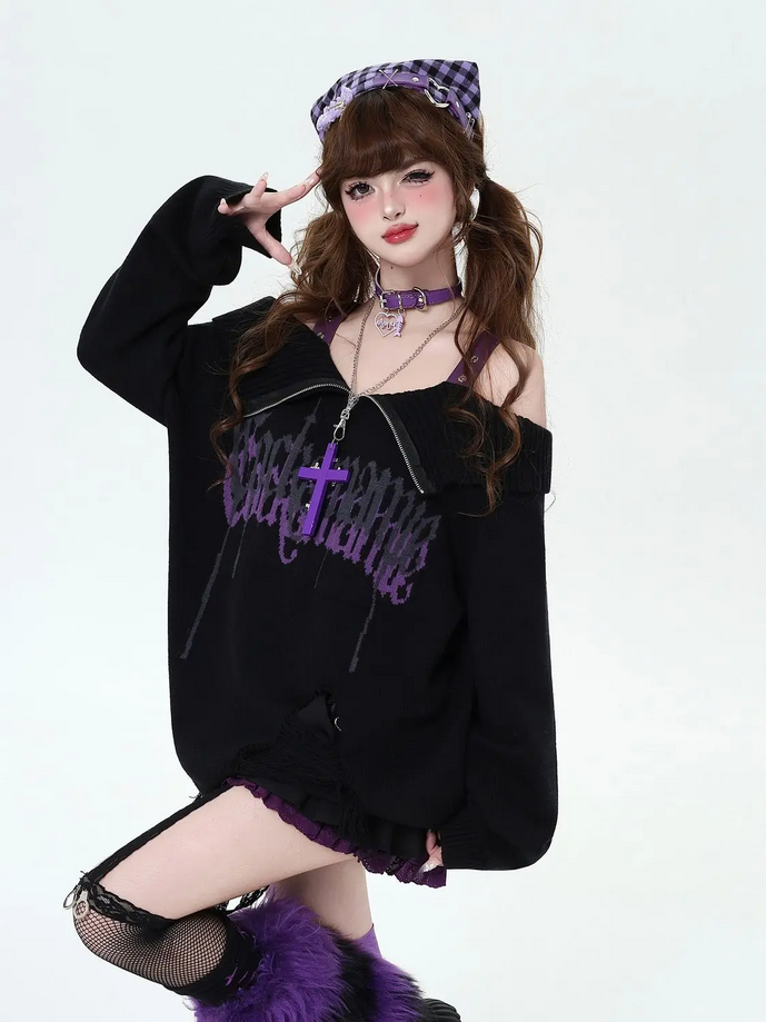 Goth Harajuku Off Shoulder Oversize Sweater Pullover