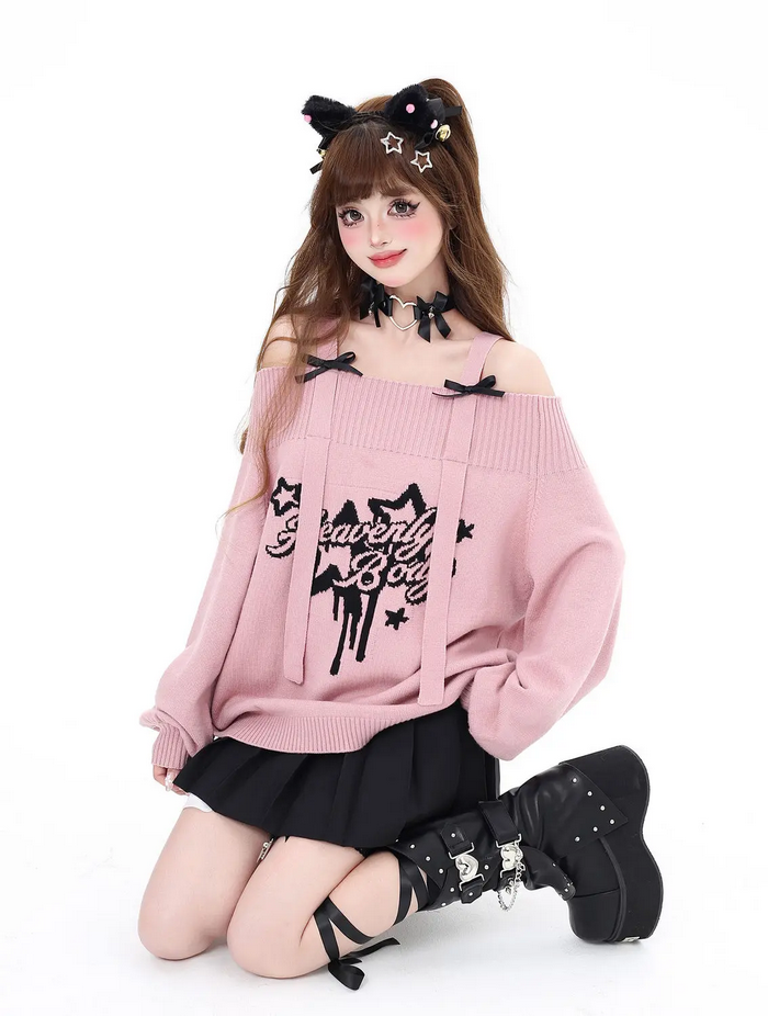 Y2k Coquette Gothic Off Shoulder Knitted Pullover Sweater